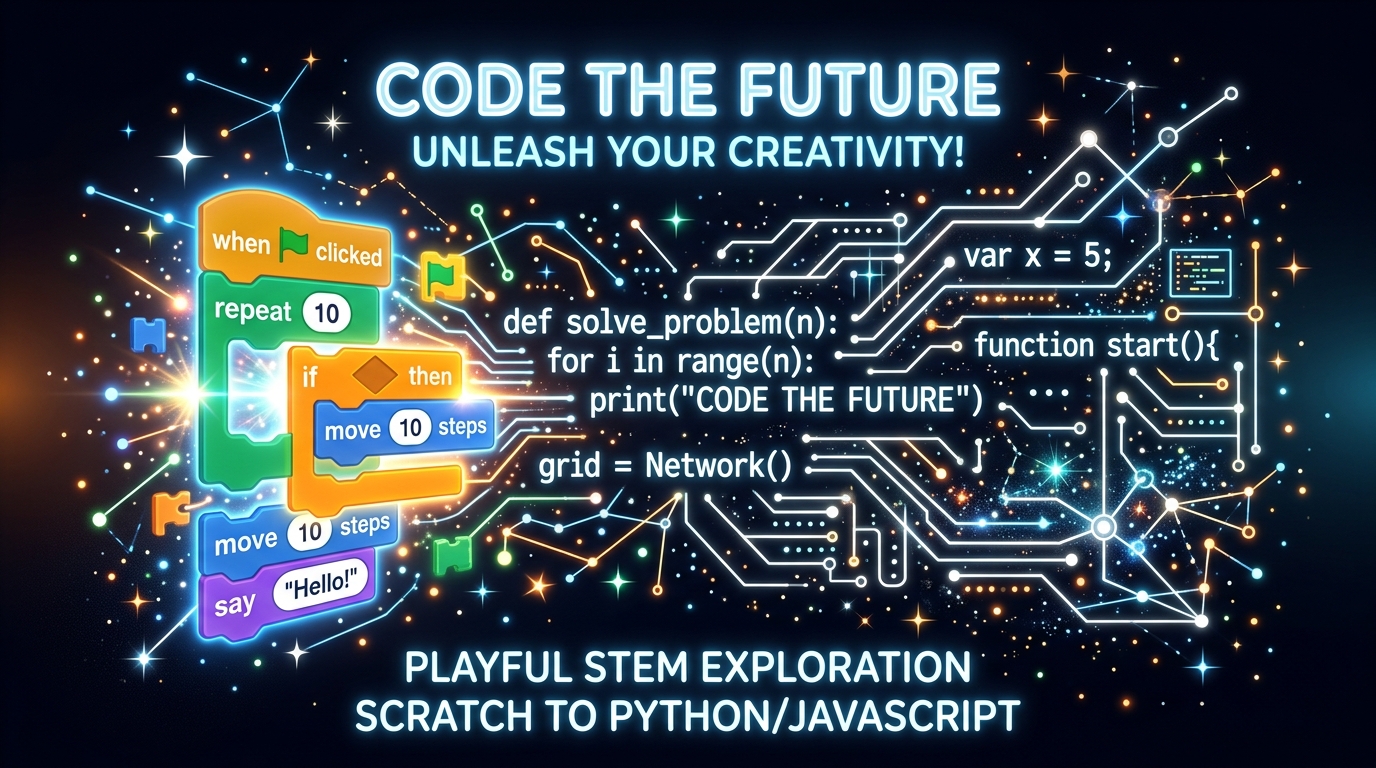 Scratch puzzle blocks morphing into text python code representation