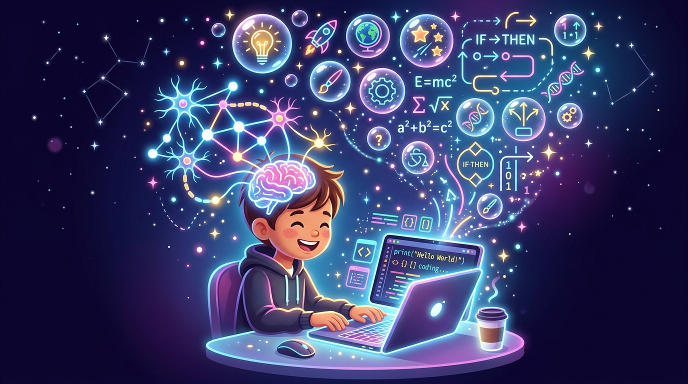Child coding with bright glowing idea bubbles and brain synapse logic network paths floating upwards